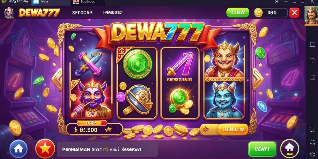 Tampilan gameplay DEWA777 dengan gulungan penuh warna dan bonus menarik.