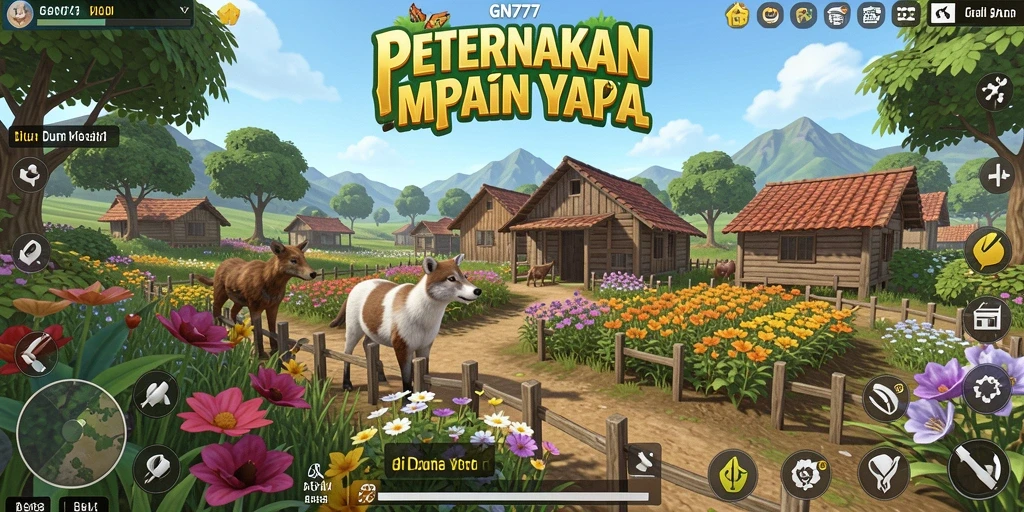 Screenshot gameplay GN777 menampilkan aktivitas bertani dan merawat hewan.