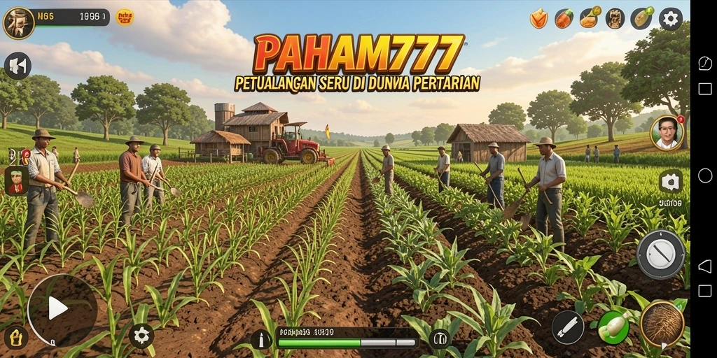Tampilan gameplay <strong>PAHAM777</strong> dengan aktivitas pertanian yang seru.
